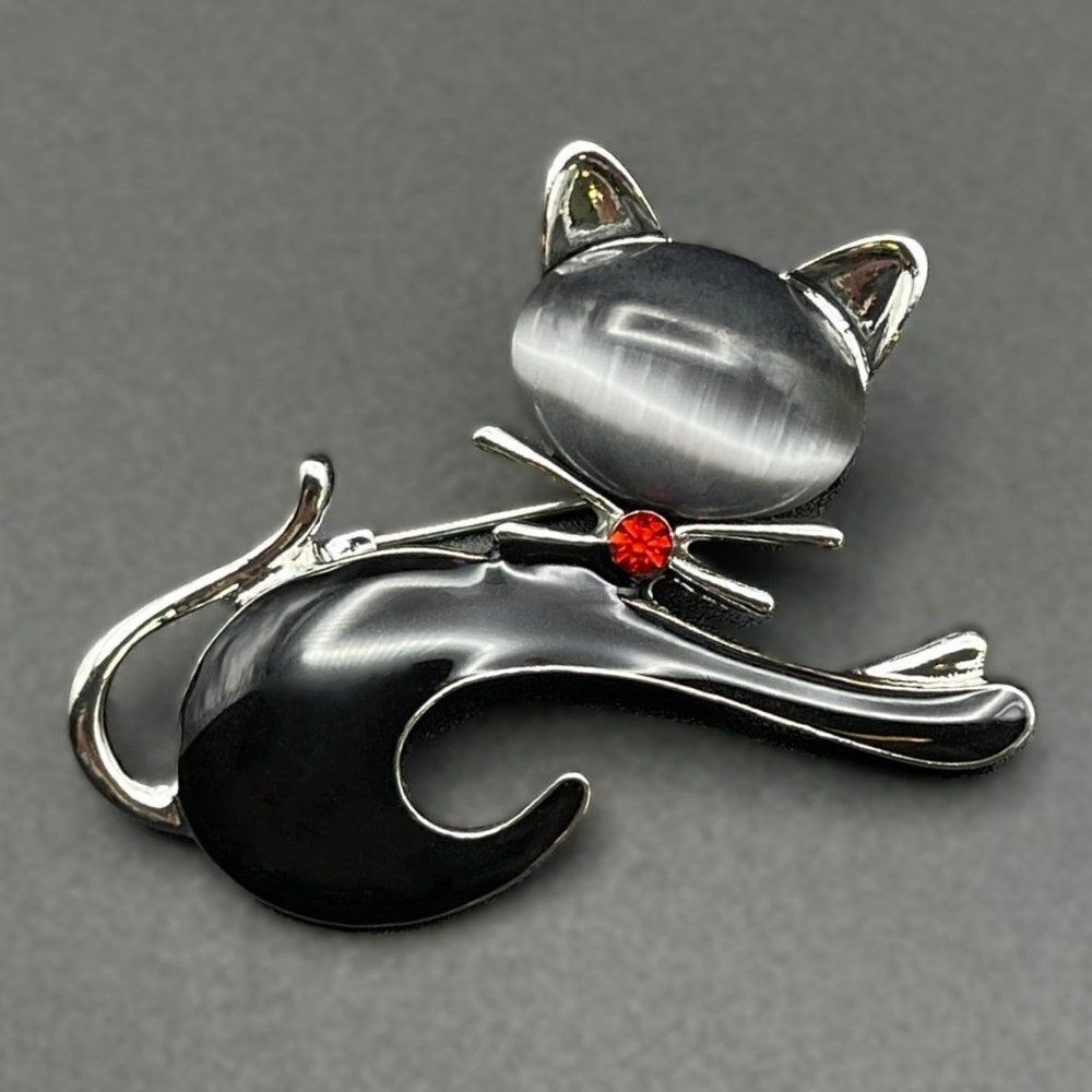 Silver with Ruby Red Crystal and Gray Moonstone Cat with Bowtie Pin Back Brooch